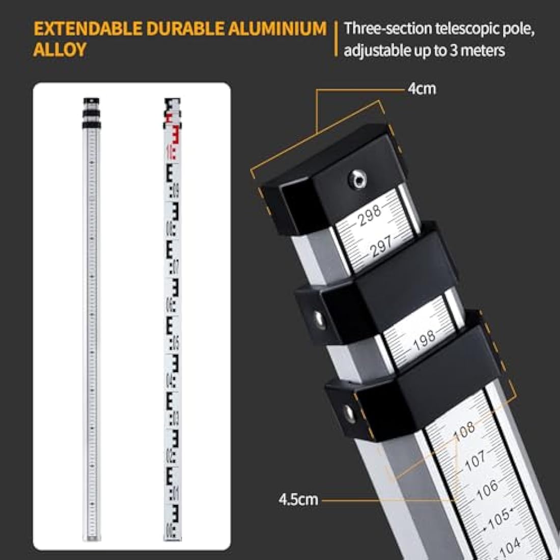 Firecore Levelling Staff, Telescopic Levelling Staff 3m, Aluminium Measuring rods for Cross line Lasers and Rotating Lasers, Measuring Staff with Spirit Bubble, 3m Length in 3 Sections, mm/dm Scale