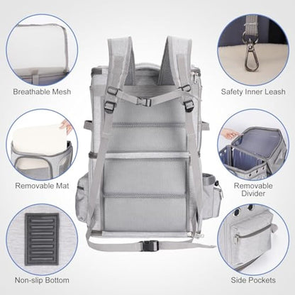FASNATI Double-Compartment Pet Carrier Backpack, Cat Carrier Backpack for 2 Cats, Small Dogs, Perfect for Traveling/Hiking/Camping, Grey, XL