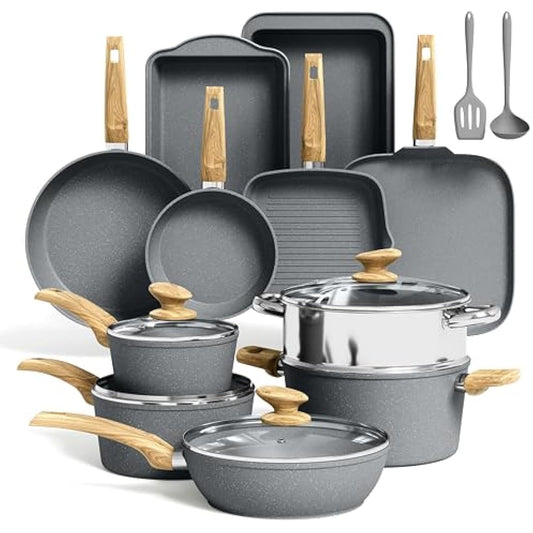 Kitchen Academy 17 Pcs Induction Hob Pots and Pans Set Non Stick, Nonstick Induction Kitchen Cookware Sets, Gray Granite Cooking Saucepan and Frying Pans Set