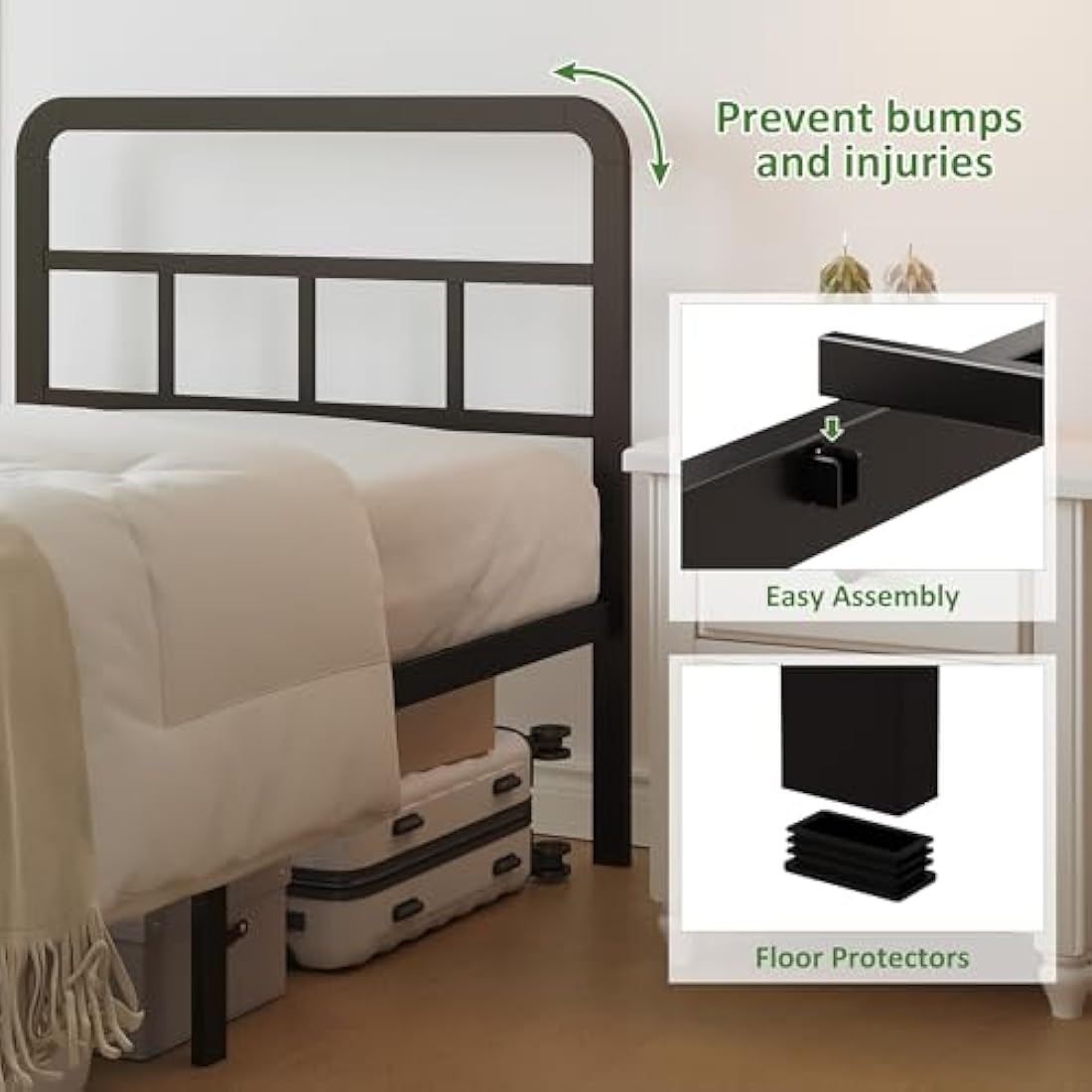 Lutown-Teen Black Single Bed Frame 3ft with Curved Headboard, Heavy Duty Metal Bed Frames Single with Steel Slats, 36 cm High, Ample Storage Underneath, Noise Free, Easy Assembly