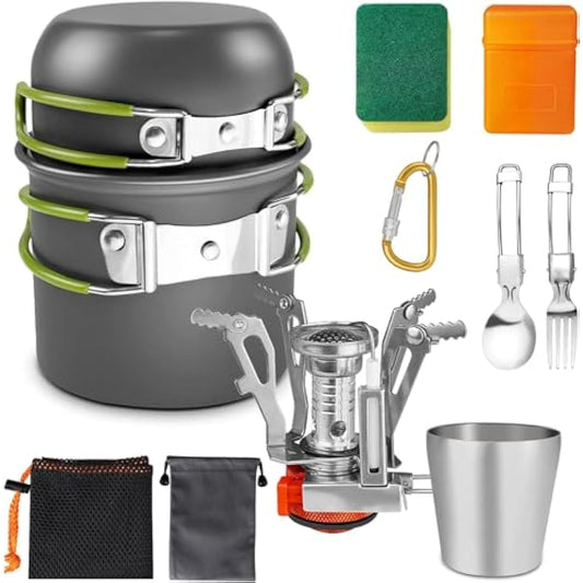 AUTOPkio Camping Cooking Set, Outdoor Camping Pans Pots and Stove - Non Stick Folding Cookware Kit for BBQ Picnic Hiking Backpacking Travel 1-2 Person Use
