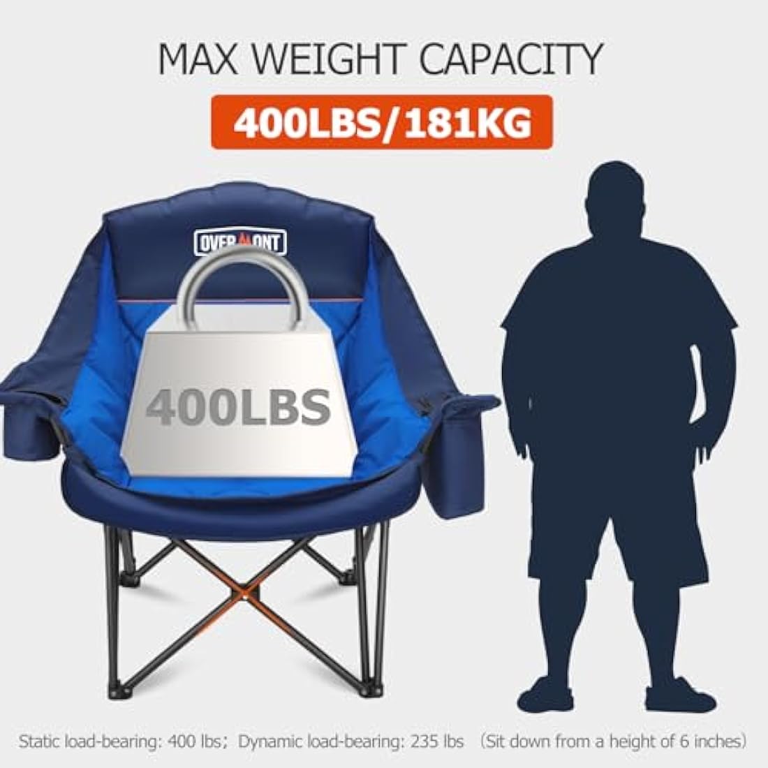 OVERMONT Oversized XL Camping Folding Chair for Adults - 450lbs Support Heavy-Duty Padded Folding Chair with Side Pocket Cup Holder for Outdoor Sports Garden Beach Fishing Lawn Blue