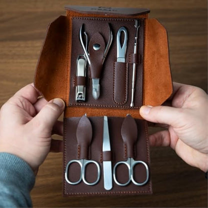 Ozric Luxury Mens Manicure Set, Pedicure Set - Nail Clippers & Grooming Kit for Men & Women, Stainless Steel Nail Kit with Brown PU Leather Travel Pouch, UK Designed Elegance