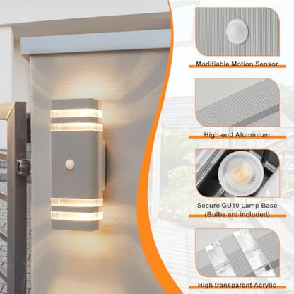 CELAVY Up Down Outside Lights with Motion Sensor, PIR Outdoor Wall Light Mains Powered, IP65 Front Door Porch Light Electric, Security GU10 LED External Exterior Lighting Wall Mounted Lamp, Light Grey