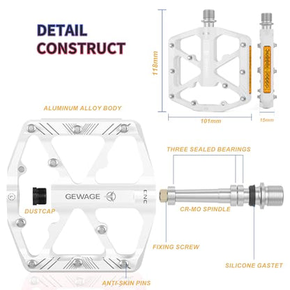 GEWAGE Bike Pedals With Reflective Strips, 3 Sealed Bearings Non-Slip CNC Aluminum Bicycle Platform 9/16" Pedals For Road Bike MTB E-Bike. (White)
