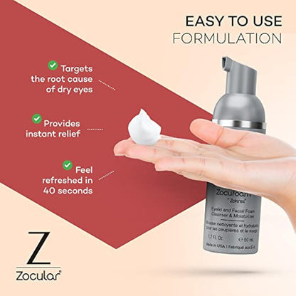 Zocular ZocuFoam Eyelid Cleanser 50ml - Foaming Eyelid Scrub for Blepharitis, Demodex and Inflammation - Stye Treatment for Eyes - Natural pH Balanced Treatment