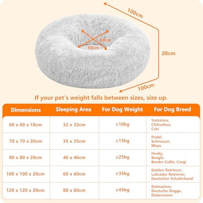 HMTOPE Orthopaedic Dog Bed Round Dog Sofa Cat Bed Doughnut Cuddly Dog Basket Washable 100 cm Diameter Light Grey