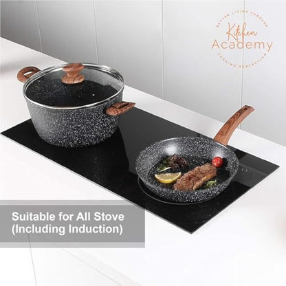 Kitchen Academy Induction Cookware Set-17 Piece Non-Stick Cooking Pan Set, Black Granite Pots and Pans Set