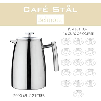 Café Stal HFD-16 Belmont 16 Cup Double Walled Cafetiere Coffee Maker, Mirror Finish, 2 Litre