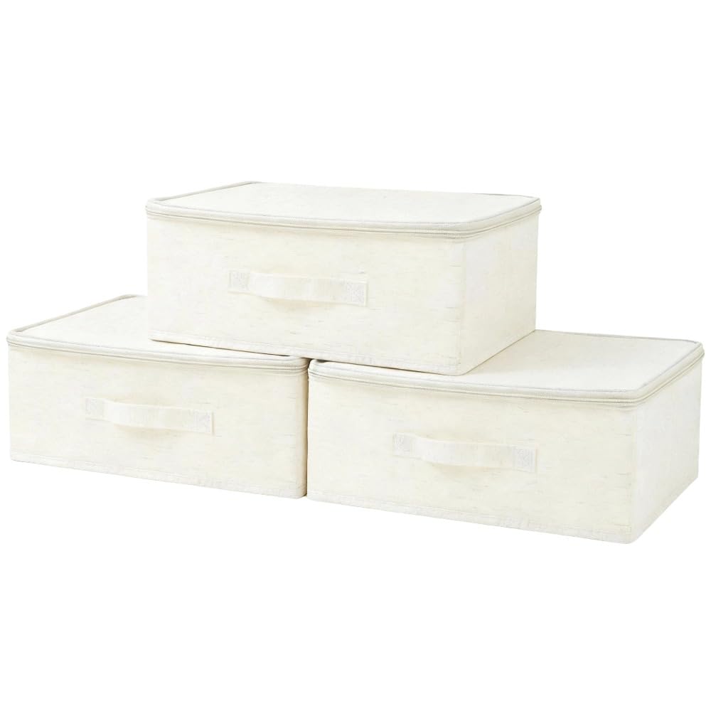 Flaxarne Fabric Storage Boxes with Zip Lids 3-Pack Dustproof Clothes Storage Boxes Bins for Wardrobe Bedroom Nursery,38 * 26 * 16cm