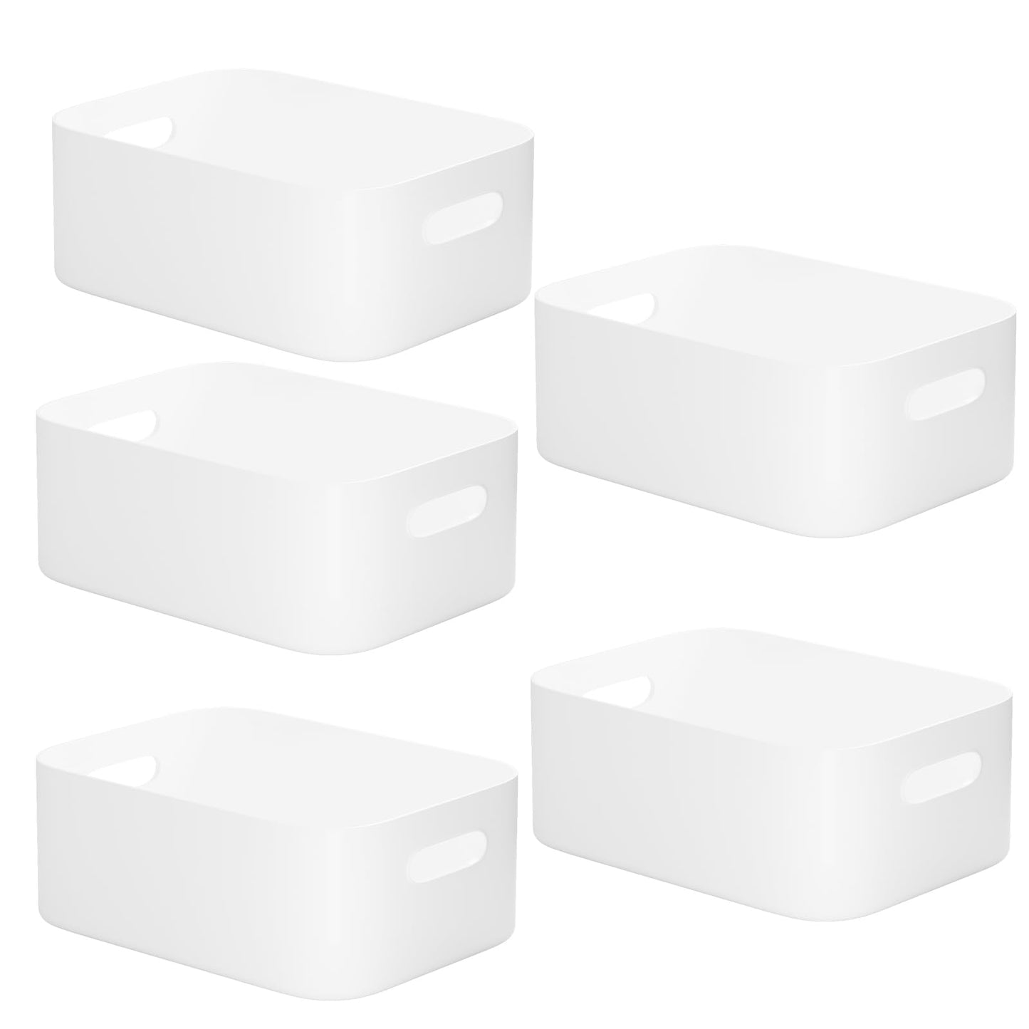 W&H 5 PCS White Plastic Storage Baskets with Handle, Medium Kitchen Cupboard Organiser Box, Storage Boxes for Shelves, Plastic Boxes for Bathroom