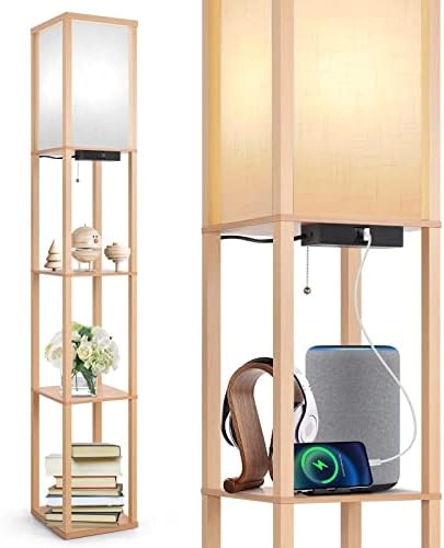 OUTON Floor Lamp with Shelves, LED Column Modern Floor Lamp with USB & Type C Port, 3 Color Temperature, Wooden Standing Lamp with White Linen Shade for Living Room, Bedroom, Office (Wood)