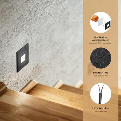ledscom.de 12 LED Staircase Light/recessed Wall Light FOW for Indoors and Outdoors, Downlight, Angular, Black, 85 x 85mm, Cool White