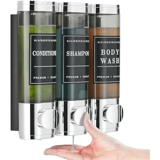 Unisense 3 Chamber Wall-Mounted Shampoo and Conditioner Dispenser for Shower - No Drill, Large Capacity, Chrome
