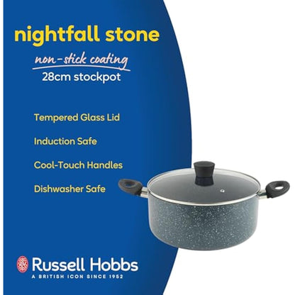 Russell Hobbs RH03410EU7 Nightfall Stone 28cm Stockpot - Non-Stick Saucepan, Tempered Glass Lid, Induction Safe, Durable Aluminum Cookware, Soup Pan, Easy Clean