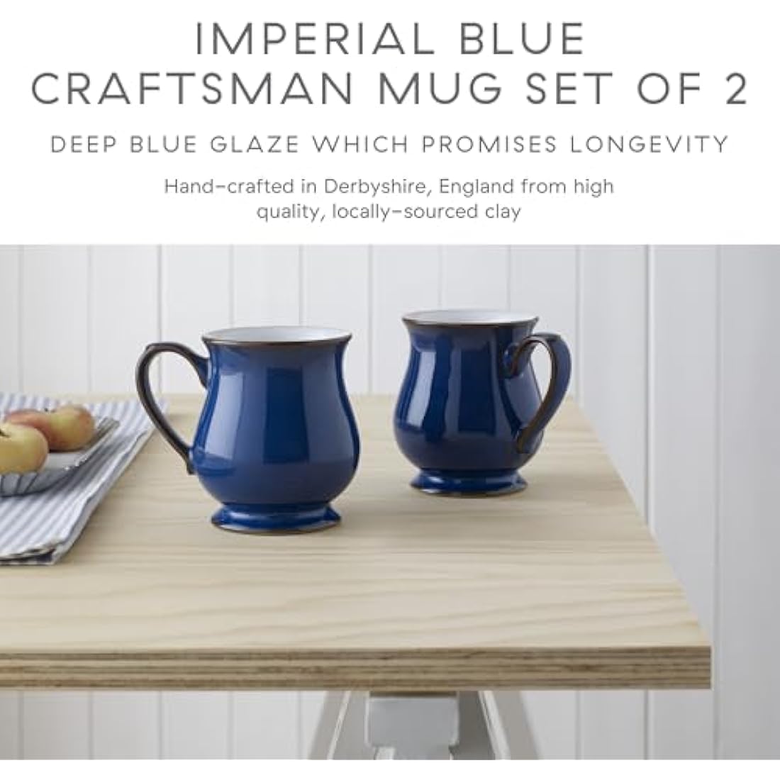 Denby - Imperial Blue Coffee Mug Set of 2 - 340ml Craftmans Curved Stoneware Ceramic Tea Mug Set For Home & Office - Dishwasher Safe, Microwave Safe - Blue, White, Brown - Chip Resistant