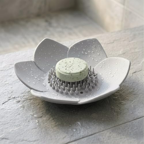 Merzio Lotus Flower Shower Steamer Holder, Silicone Soap Dish with Drainage, Non-Slip Bathroom Tray for Bar Soap