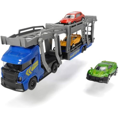 Majorette Car Carrier 2-asst - Free-wheeling car transporter with three die-cast toy cars - included in the set. - 28cm long