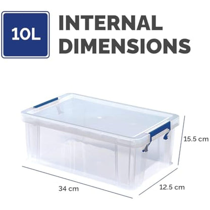 BANKERS BOX 4x 10L Plastic Storage Boxes with Lids. ProStore Super Strong Stackable Plastic Storage Boxes (14 x 34 x 21.5cm), Made in the UK, Clear