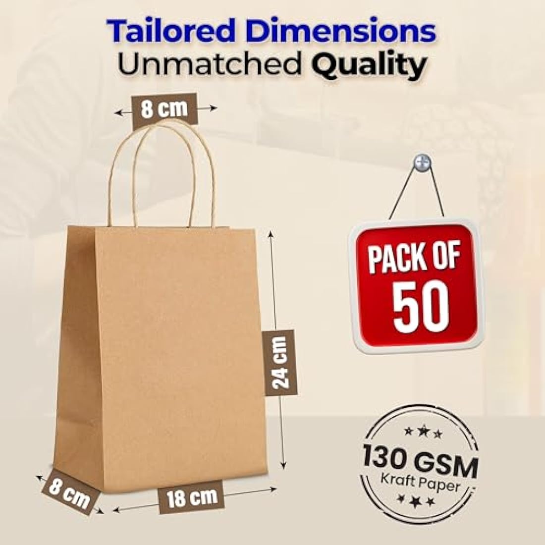 HURUC 20 Pcs Brown Paper Bags With Handles,130GSM, Small Paper Gift Bags, Eco-Friendly Kraft Shopping Carrier, Christmas, Easter, Birthday Parties & Merchandise Retail 18x24x8cm