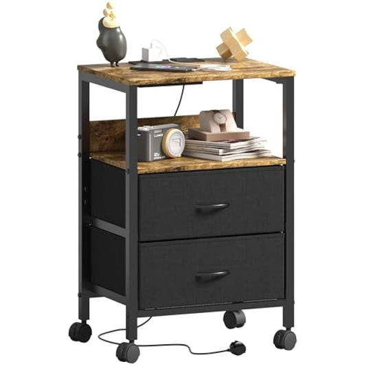 Lutown-Teen Bedside Table with Charging Station, Night Stand Small Bedside Cabinet with Open Storage Shelf and 2 Fabric Drawers, Side Table with 4 Castors for Bedroom, Living Room, Rustic Brown