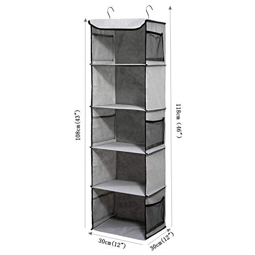 BrilliantJo Hanging Storage with 5 Shelves Wardrobe Closet Organiser, Storage Shelves Unit with 6 Pockets for Clothes - Grey30 x 30 x 108cm
