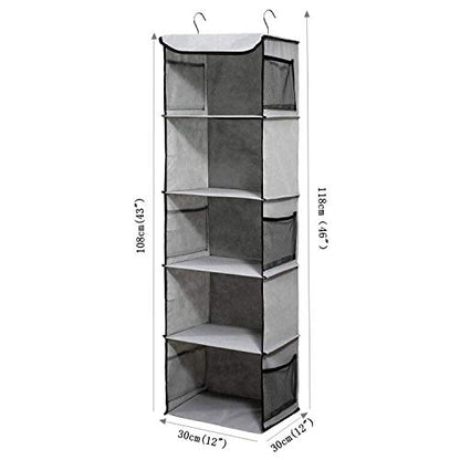 BrilliantJo Hanging Storage with 5 Shelves Wardrobe Closet Organiser, Storage Shelves Unit with 6 Pockets for Clothes - Grey30 x 30 x 108cm