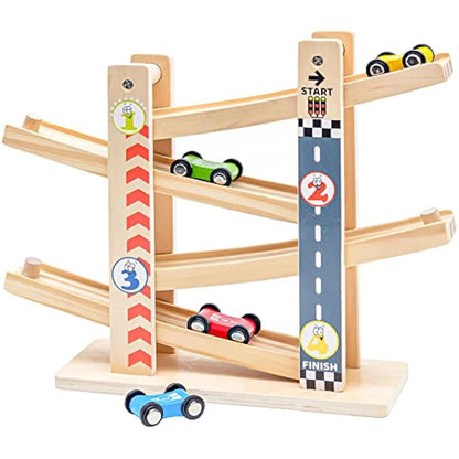 Wooden Car Ramp Toys|Zig Zag Cars Slide|Toddler Toys Wooden Race Track with 4 Wood Cars for 3 Year+ Old Boy Gifts