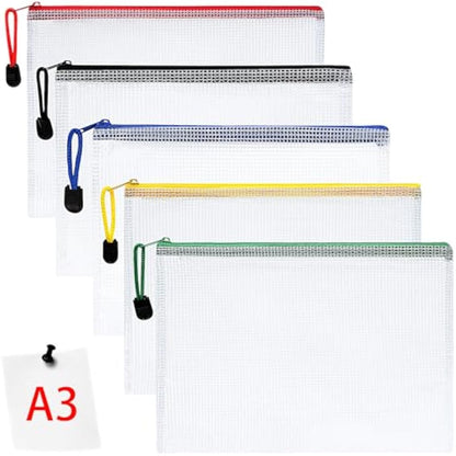 Vicloon Plastic Wallets, 5Pcs A3 Zip Lock Bags, Mesh Document Wallet Document Folders Plastic Pockets Zipper File Wallet for School Office Homework Travel Storage Bags (Color Zipper)