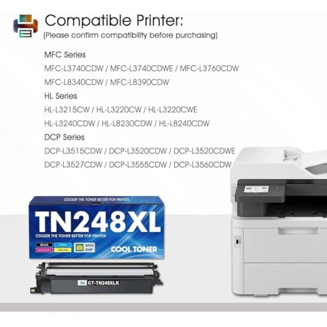 TN248 TN248XL TN-248XL MFC-L3740CDWE Toner: Compatible for Brother DCP-L3560CDW MFC-L3760CDW TN-248 HL-L3240CDW TN 248XL 248 TN-248CMYK HL-L3220CWE MFC-L3740CDW MFC-L8390CDW DCP-L3520CDWE Cartridge