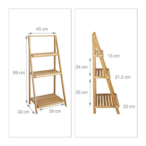 Relaxdays Flower Stand, 3 Shelves, Bamboo, Foldable, Ladder Shelf, Plant Pedestal, HxWxD: 99 x 45 x 32 cm, Wood, Natural Brown
