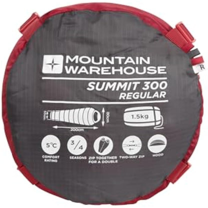Mountain Warehouse Summit 300 Sleeping Bag - 3/4 Season, Insulated Mummy Shaped Bag - Best for Spring Summer, Camping, Trekking