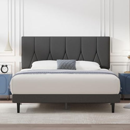 Yocreat Double Bed Frame, Dark Grey, Upholstered Wooden Slat Bed Frame with Headboard, Easy Assembly, Underbed Storage, No Box Spring Needed 135×190