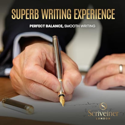 Scriveiner Silver Chrome Fountain Pen - Stunning Luxury Pen, Real Gold Plating, Schmidt Gilded Nib (Broad), Best Pen Gift Set for Men & Women, Professional, Executive Office, Nice Designer Pens