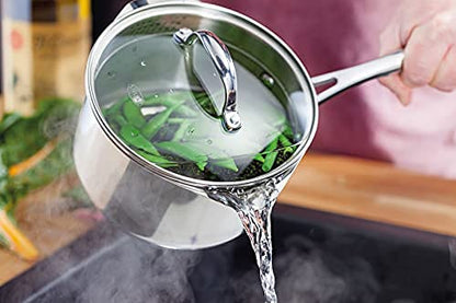 Stellar Profile Stainless Steel Draining Saucepan with Glass Lid 16cm 1.6L, Induction Ready, Oven Safe, Dishwasher Safe