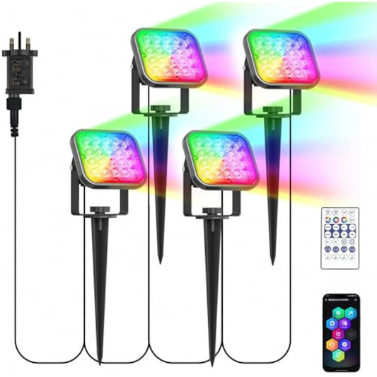 NATPOW Garden Lights Mains Powered, RGB Low Voltage Landscape Spotlights 12V with Bluetooth APP Control, IP65 Waterproof Color Changing Decorative Pathway Spike Light for Garden, Lawn, Pathway