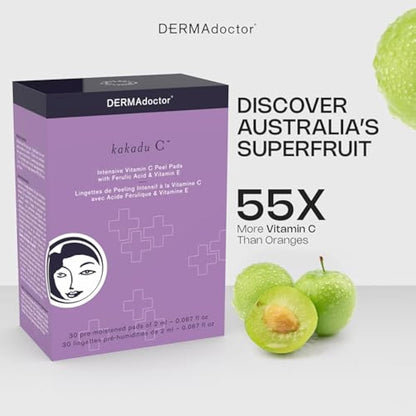 DERMAdoctor Kakadu C Intensive Vitamin C Peel Pads – Exfoliating Treatment with Ferulic Acid & Vitamin E for Brighter, Smoother Skin – 30 Pads