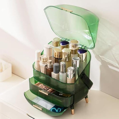 SIOOUI Makeup Organizer, 3 Layers Large Capacity Cosmetic Storage, Cosmetic Display Case with 2 Storage Drawers, Cosmetic Organizer for Bathroom Counter, Vanity Countertop, Bedroom (Clear Green)