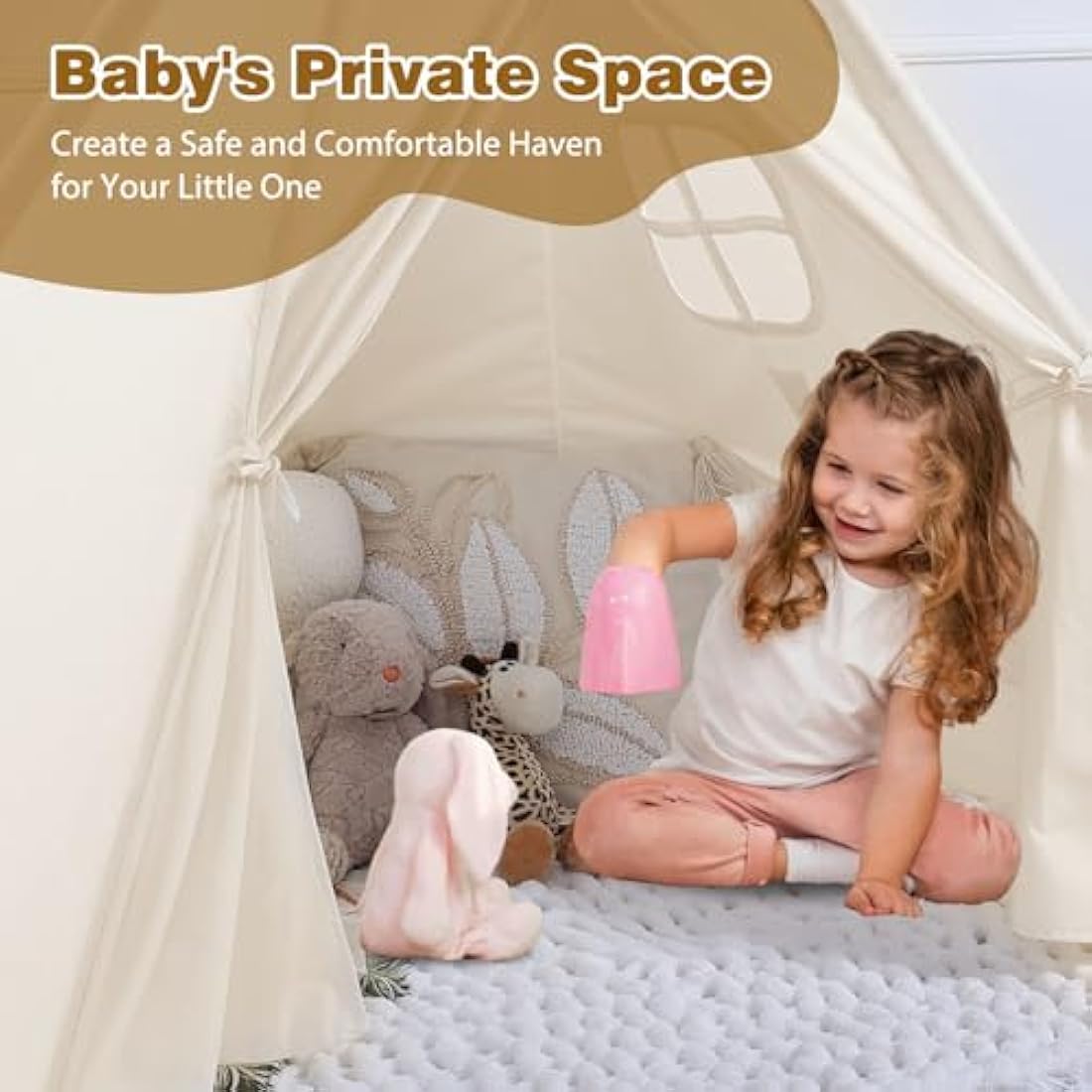 Wilwolfer Teepee Tent for Kids Foldable Children Play Tent for Girl and Boy with Carry Case 4 Poles White Canvas Playhouse Toy for Indoor and Outdoor Games