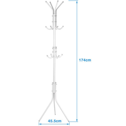 Ejoyous Coat Rack Stand, Steel Clothes Hanging Tree Stand with Multiple Hooks 174cm Standing Coat Tree for Hats, Bags, Scarf White