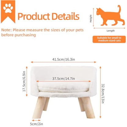 BingoPaw Cat Sofa Chair Bed: Elevated Nordic Pet Stool Bed with Removable Waterproof Mat - Raised Plush Fur Dog Kitten Couch with Wooden Legs Frame (Dia 40cm)