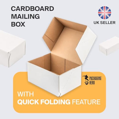 Packaging Hero 25 x 20 X 10 cm (aprox. 10" x 8" x 4") White Corrugated Cardboard Mailing Boxes, gift boxes, e-commerce box with free clear round stickers (10 pack)