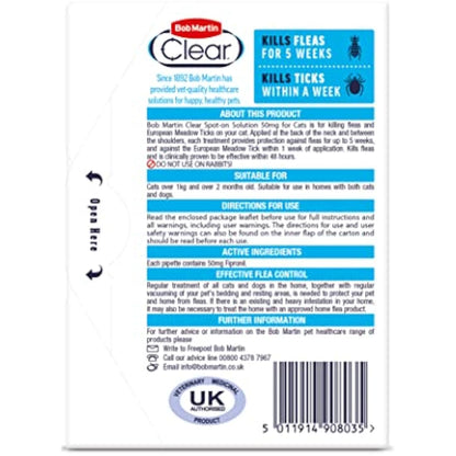 Bob Martin Clear Spot On Flea Treatment for Cats & Kittens - Kills Fleas & Ticks (3 Pipettes)