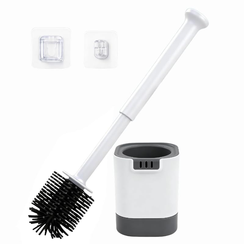 Vibrivio Silicone Toilet Brush with Holder Set, 2-in-1 Flexible Toilet Brush for Wand Mounting & Standing, White Silicone WC Brush No Drilling