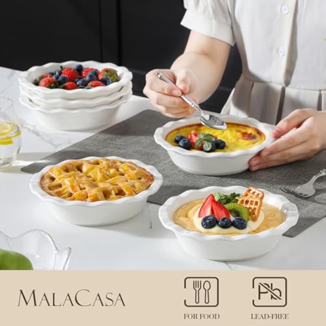 MALACASA Ceramic Mini Pie Dishes, Pie Pan for Baking 6.6 Inch,12 OZ Pie Plate Round Pie Dish for Baking Fluted Pie Dish Baking Pan, Non Stick Deep Pie Dishes for Quiche (Ivory White, 6PC)
