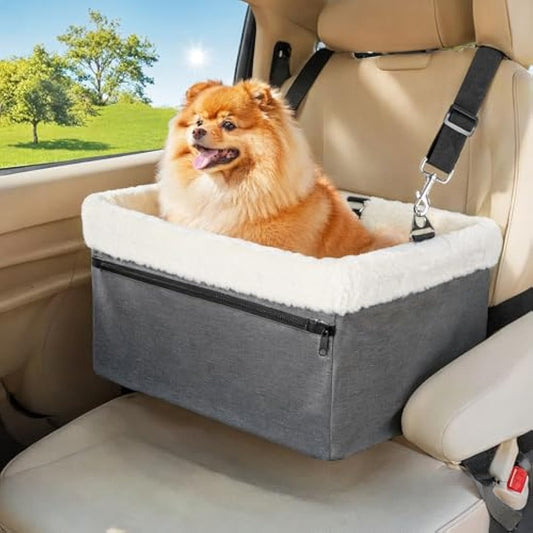 UNICITII Dog Car Seats for Small Dogs-Elevated Pet Dog Booster Seat for Dog,Raised Dog Lookout Car seat w/Clip-On Safety Leash Adjustable Pet Travel Seat, Grey-9 kg, (BGUN-PS002bb)