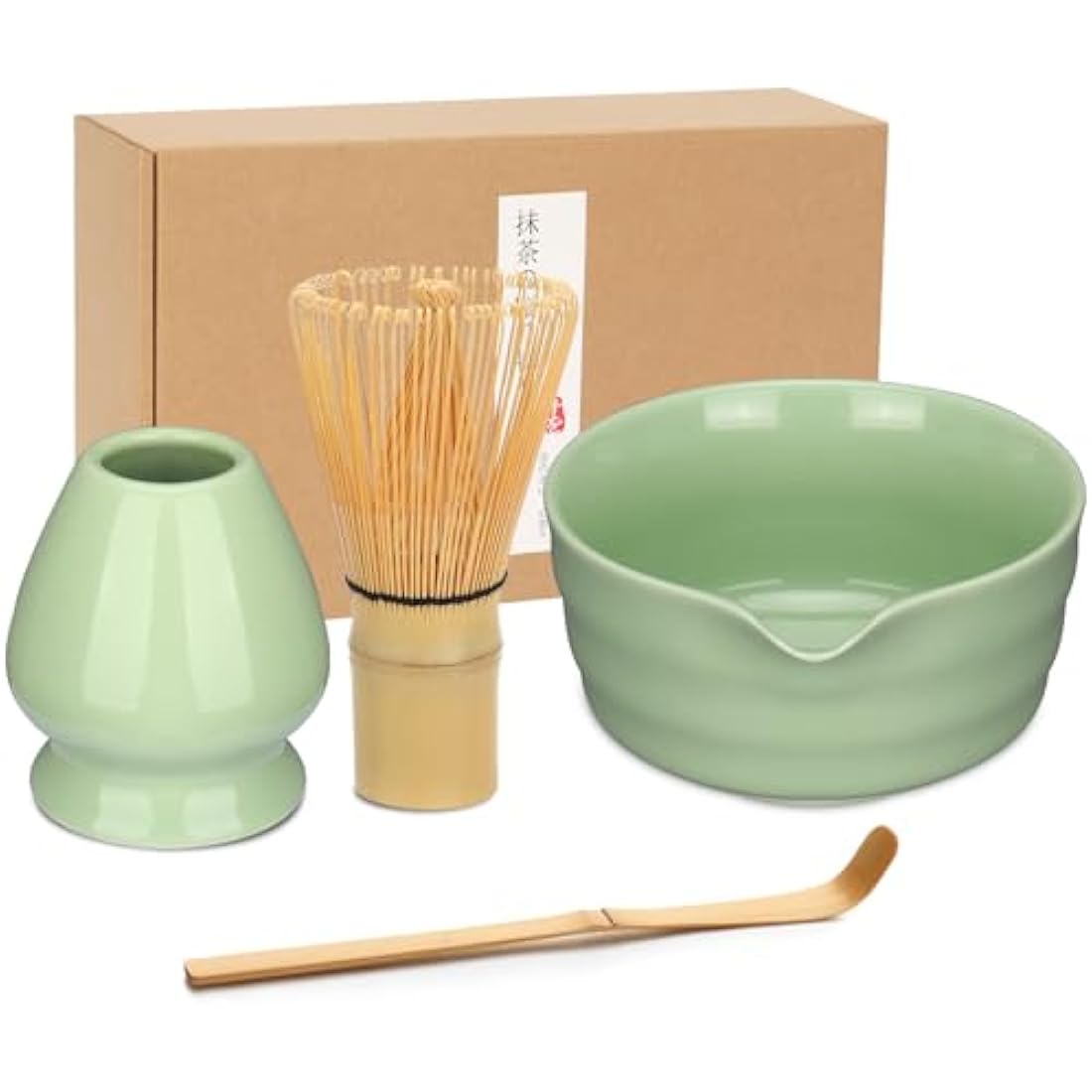 Geebuzz Matcha Whisk Set - Matcha Bowl and Bamboo Matcha Whisk, Scoop, Spoon, Sifter, Whisk Holder, 6pcs Perfect Matcha Starter Kit for Matcha Tea Ceremony (B Green)