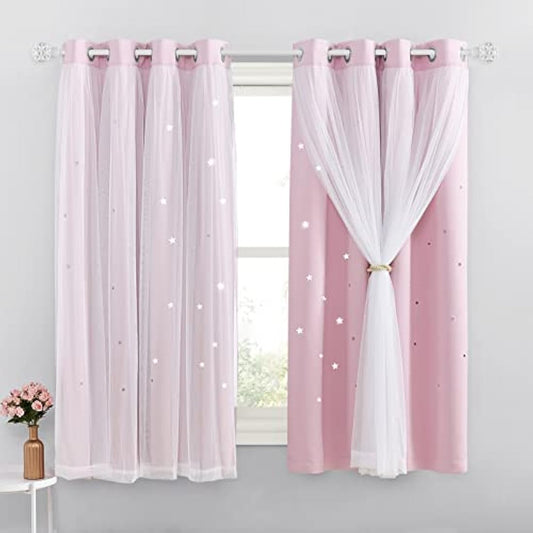 NICETOWN Blackout Curtains for Bedroom - Stars Cut Out Curtains for Kids Nursery Girls Living Room Thermal Curtains Drapery with Eyelet for Windows, 2 Panels, W52 x L63 Inch (132x160 cm), Pink