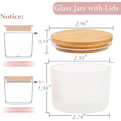 CONNOO 15 Pack 4 OZ Frosted Glass Candle Jars with Airtight Bamboo Lids, Bulk Small Wide Mouth Empty Candle Containers with Sticky Warning Labels - Dishwasher Safe