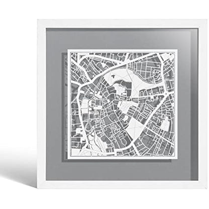 O3 DESIGN STUDIO Cambridge Paper Cut Map framed, White map, White frame, 9x9 inches, Gift Boxed, 4 background color, self-changing, Paper Art